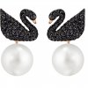 Swarovski náušnice ICONIC SWAN - kov pozlátený ružovým zlatom, čierne kryštály, perly 5193949