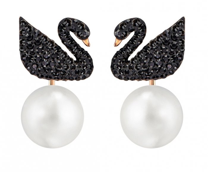 Swarovski náušnice ICONIC SWAN - kov pozlátený ružovým zlatom, čierne kryštály, perly 5193949
