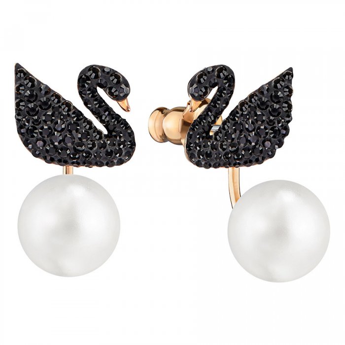 Swarovski náušnice ICONIC SWAN - kov pozlátený ružovým zlatom, čierne kryštály, perly 5193949
