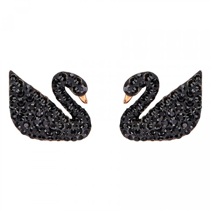 Swarovski náušnice ICONIC SWAN - kov pozlátený ružovým zlatom, čierne kryštály, perly 5193949