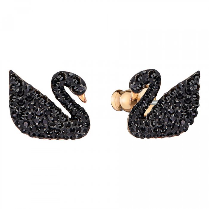 Swarovski náušnice ICONIC SWAN - kov pozlátený ružovým zlatom, čierne kryštály, perly 5193949