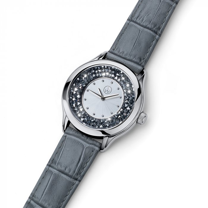 Dámske hodinky s krištáľmi Swarovski Oliver Weber Rocks Steel Leatherstrap grey